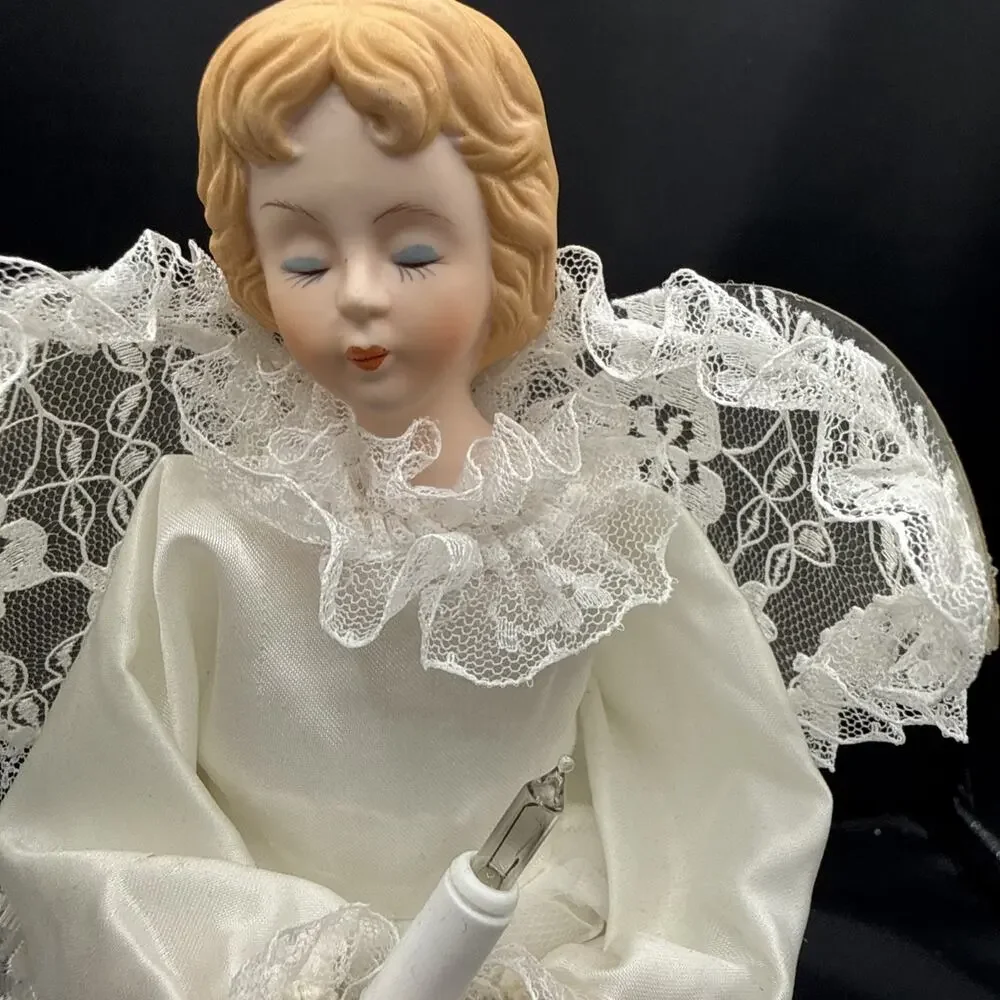 vintage porcelain angel tree topper Lights Closed 12” Tall Works